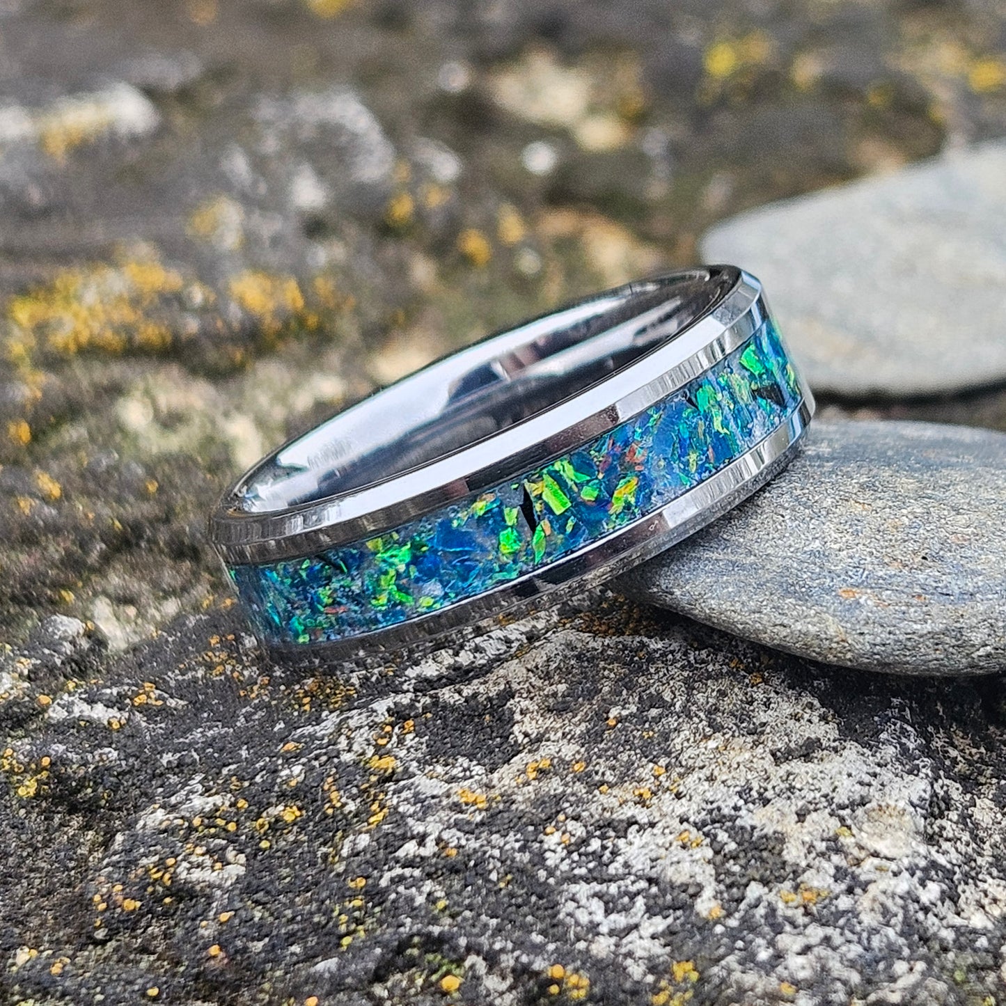 Handmade Opal Ring with Black Ocean Opal #35 and Blue Glow